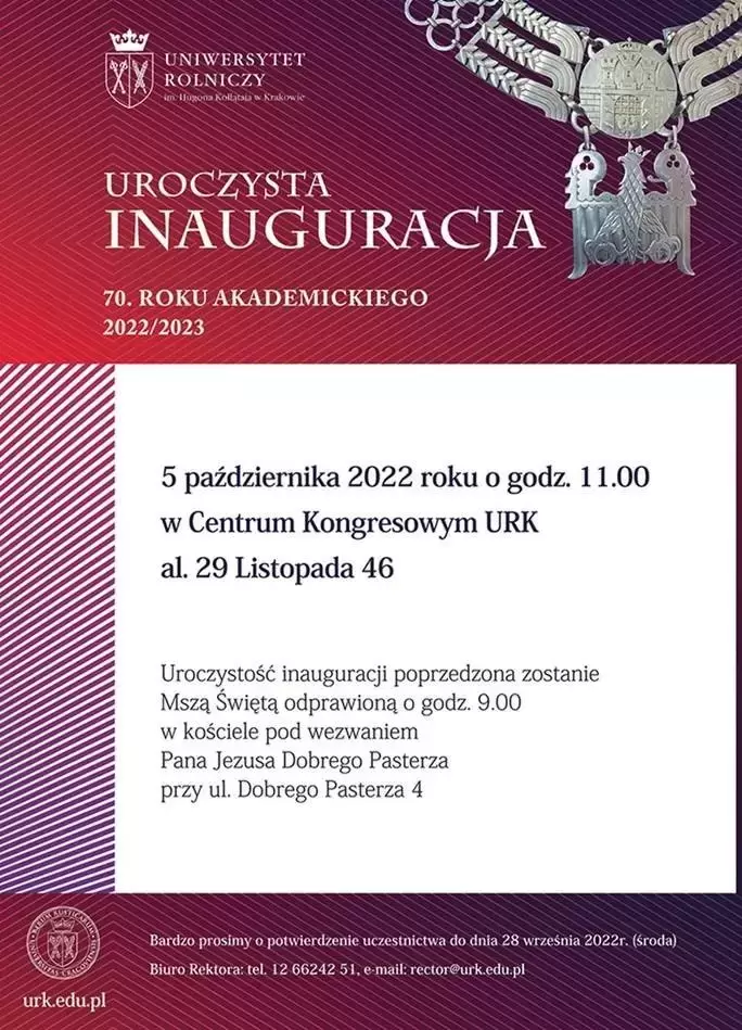 UROCZYSTA INAUGURACJA 70. ROKU AKADEMICKIEGO 2022/2023 NA UNIWERSYTECIE ROLNICZYM W KRAKOWIE 